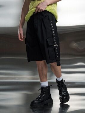 Off-White Cargo Buckle Pocket Black Cotton Grommet Shorts